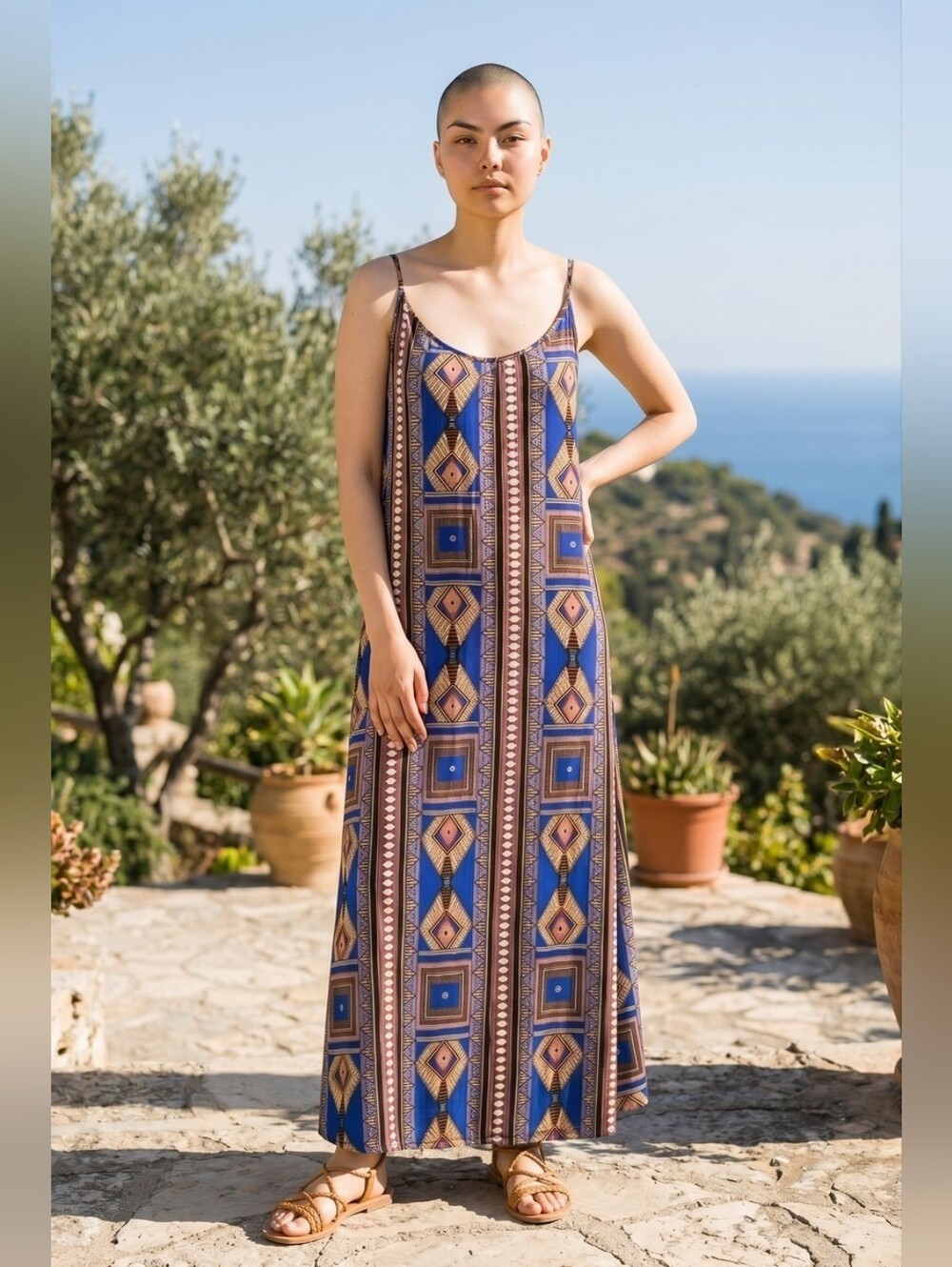 Tysa Anthropolgie Blue Gold  Coastal Cowgirl Maxi‎ Sleeveless Slip Dress Size 2